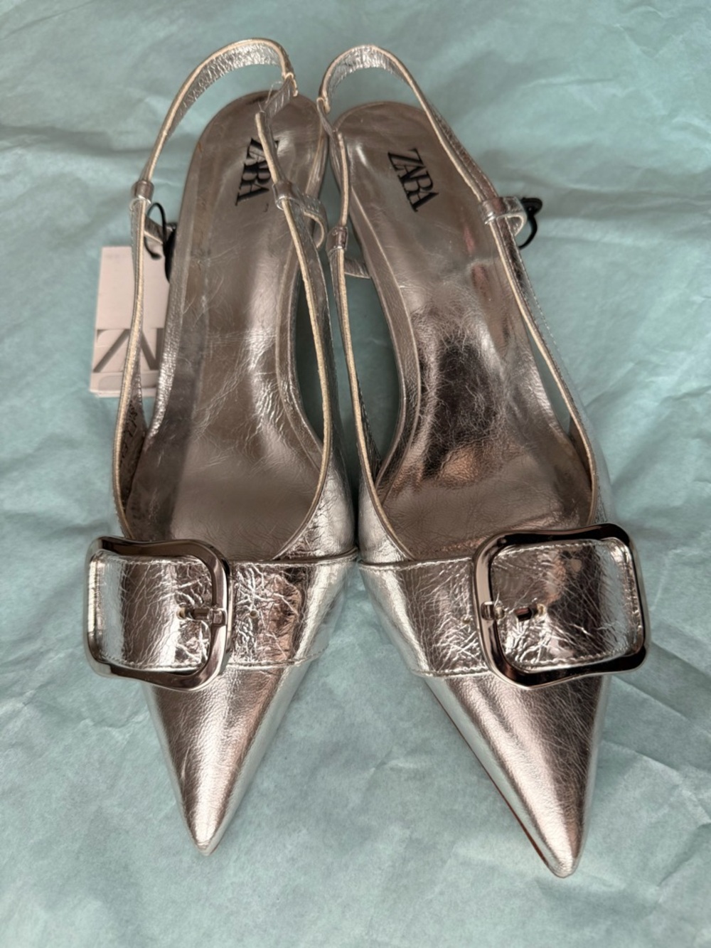 Zara Silver Pointed Slingback Mules with Buckle Accent